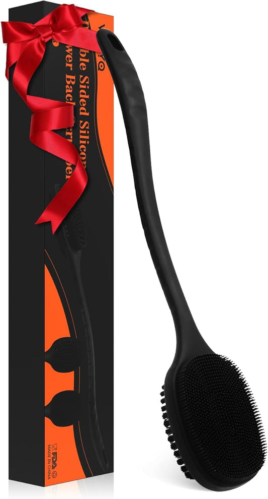 VWMYQ Back Scrubber for Shower, New Update Double Sided Body Scrub Brush Long Handle with Soft Silicone Bristles and Stiff Nylon Bristles for Shower Exfoliating and Massage Can Produce More Rich Foam