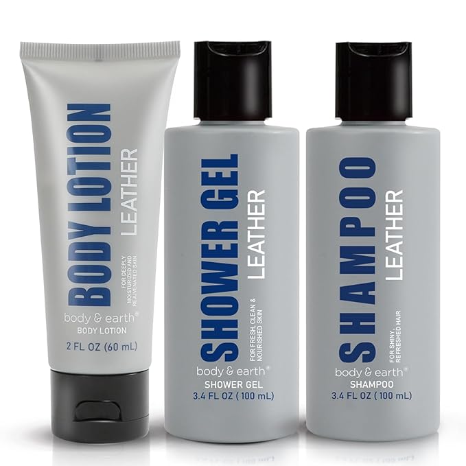 Gift Set for Men - Mens Bath Set and Body Wash Set with Leather Scent Shower Gel, Body Lotion, Shampoo, Mens Shower Gift Sets, Father Day Gifts for Men