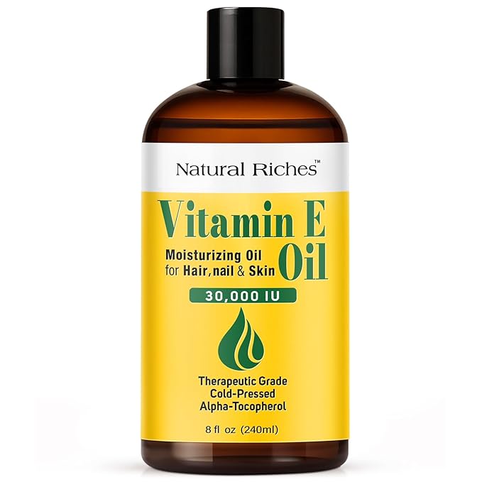Natural Riches Vitamin E Oil | 100% Pure and Natural Cold Pressed Vitamin E oil for Skin, Scars, Face, Nails, Hair, Scalp 30,000 IU Non-GMO Verified Hair & Body Oil :8 Fl Oz