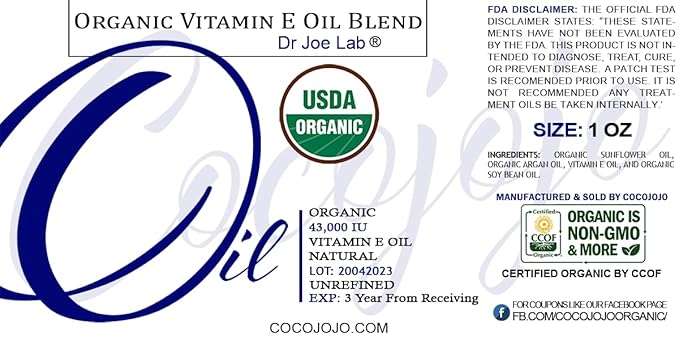Dr Joe Lab Organic Vitamin E Oil for Skin, Liquid Vitamin E Oil for Hair, Face, Body Oil, Pure Natural Cold Pressed Unrefined, Moisturizes & Nourishes, Non GMO - 1 Oz