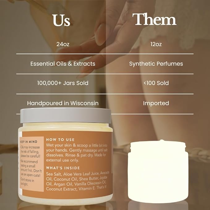 Bare Botanics Coconut Vanilla Body Scrub 24oz | Made in Madison, WI | All Natural Sea Salt Exfoliator w/ Skin Loving Moisturizers | Vegan & Cruelty Free | Gift Ready Packaging w/ a Cute Wooden Spoon