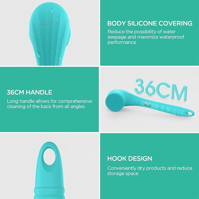 VOYOR Electric Body Brush Back Scrubber Silicone Body Scrubber Two-Way Rotating Brush Head for Deep Cleaning, Exfoliation, 4 Attachments Long Handle IPX6 Rechargeable Shower Brush BC300 (Blue)