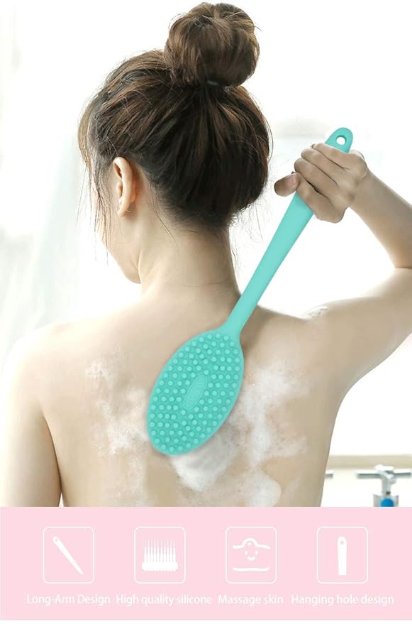 Loofah Exfoliating Body Scrubber 2 in 1 Face and Body Silicone Scrubber - Silicone Shower Brush Bath Sponge Loofa Pink