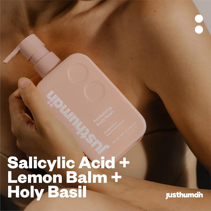 JustHuman Revitalizing Body Wash Lemon Balm and Holy Basil pH Balanced -Brightening Moisturizing and Nourishing Shower Gel For Men and Women | Paraben Free Sulphate Free | 8 oz Pack of 1