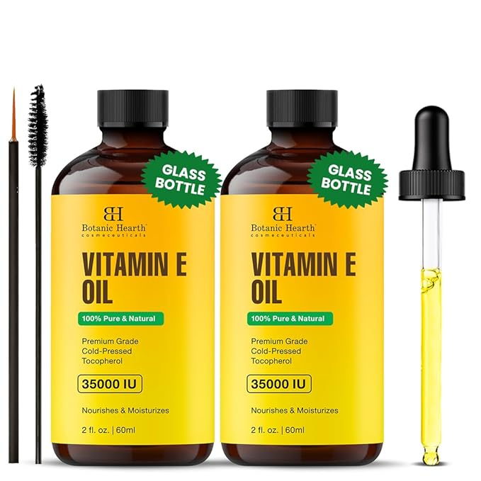 Botanic Hearth Vitamin E Oil (Glass Bottle 2 Fl Oz Set Of 2) | 100% Pure And Natural Oil For Growth Of Nails, Hair, Eyebrows & Eyelashes | 35,000 Iu | Hair & Body Oil With Eyebrow & Eyelash Brush