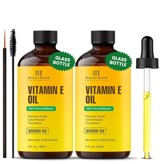 Botanic Hearth Vitamin E Oil (Glass Bottle 2 Fl Oz Set Of 2) | 100% Pure And Natural Oil For Growth Of Nails, Hair, Eyebrows & Eyelashes | 35,000 Iu | Hair & Body Oil With Eyebrow & Eyelash Brush