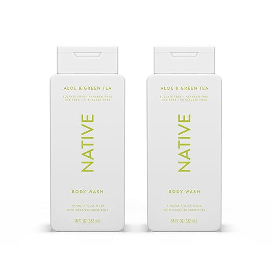 Native Body Wash Contains Naturally Derived Ingredients | For Women & Men, Sulfate, Paraben, & Dye Free Leaving Skin Soft and Hydrating |Aloe & Green Tea 18 oz - 2 Pk