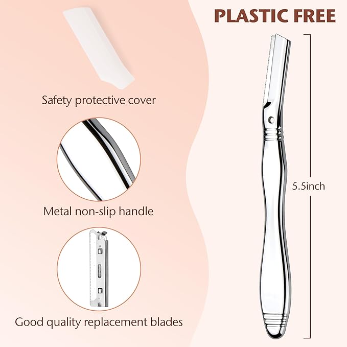 Eyebrow Razor, Dermaplaning Tool for Face, Face Razors for Women, Dermaplane Razor, Hair Removal and Exfoliation, Facial Razor, Face Shaver for Women&Men, 6 Blade Refills with Blade Cover (Silver)