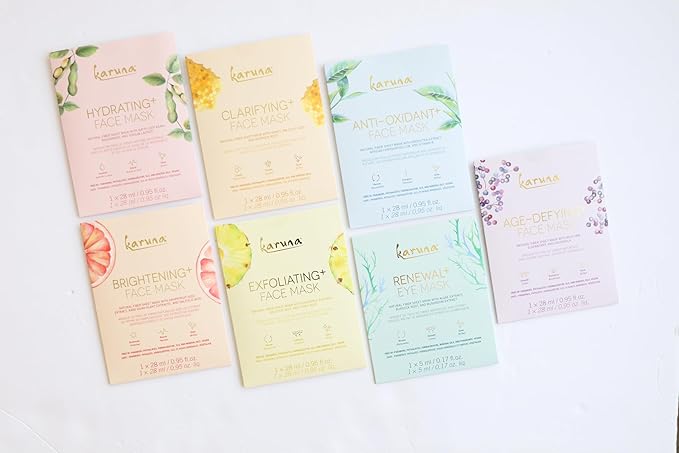 Karuna Skin - Face for All Eye & Face Mask Sets,Complete Eye & Sheet Masks Skincare Bundle, 6 Face Masks(Clarifying+,Hydrating+,Brightening+,Age-Defying+ & Anti-Oxidant+) & 1 Renewal+ Eye Sheet Mask