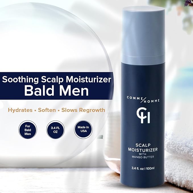 Comme Homme Soothing Scalp Moisturizer for Bald Men | Hydrates, Softens & Slows Regrowth with Aloe, Mango Butter & Capislow | Anti-Itch, Non-Greasy Daily Scalp Care for Bald Heads | 3.4 fl oz/100 ml