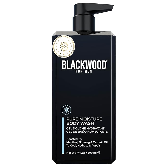 Blackwood For Men Pure Moisture Body Wash - Infused with Ginseng & Menthol - Natural Cleanser for Dry or Sensitive Skin - Ideal for Workout Recovery - Sulfate Free, Dye Free & Vegan (17 oz)