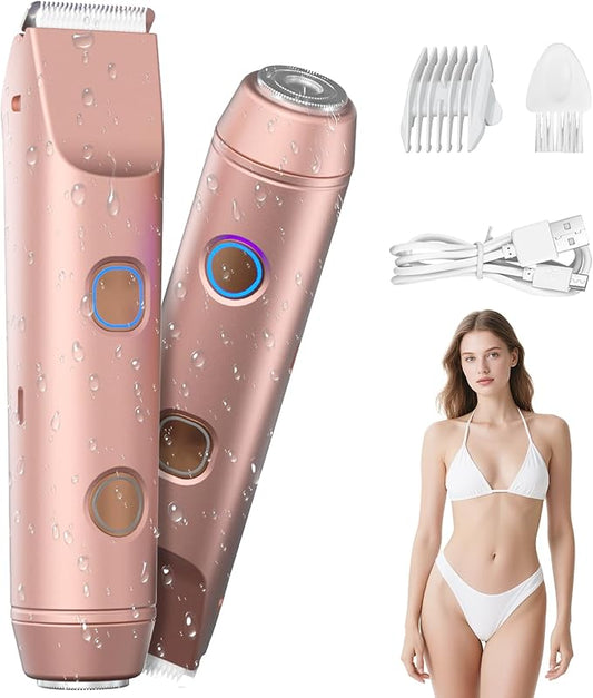2-in-1 Bikini Trimmer for Women, Shaver & Razor Dual Heads with Independent Switches, IP67 Waterproof, USB-C Rechargeable, Wet/Dry Hair Removal for Bikini Underarms Legs Face (Rose Gold)