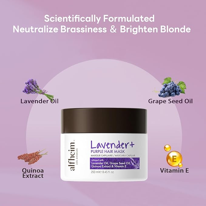 ALFHEIM Lavender Purple Hair Mask | Neutralizes Brass & Yellow Tones | Deep Moisturizing & Repairing for Blonde, Bleached & Silver Hair | Infused with Lavender Oil, Grape Seed Oil & Vitamin E 8.45 oz