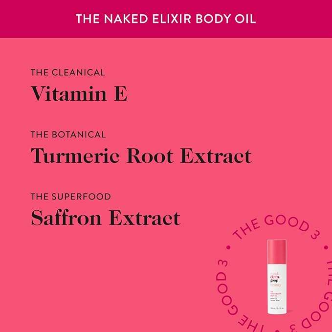 good.clean.goop beauty The Naked Elixir Body Oil | Body Oil to Hydrate Skin Barrier | Vitamin E Oil, Turmeric Root Extract & Saffron Extract | Body Moisturizer | Cruelty-Free & Vegan | 3.4 Fl oz