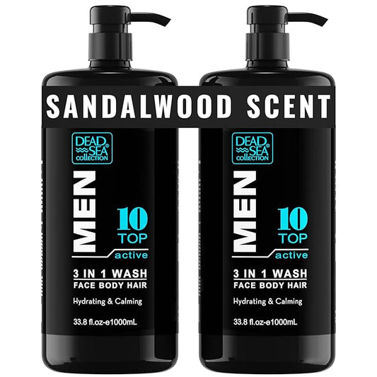 Dead Sea Collection TOP 10 ACTIVE Mens Body Wash 3 in 1 – Sandalwood Body Wash for Men – Shower Gel – Shampoo – Shower Soap for Face and Hair – Pack of 2 Bottles (33.8 Fl. Oz. Each)