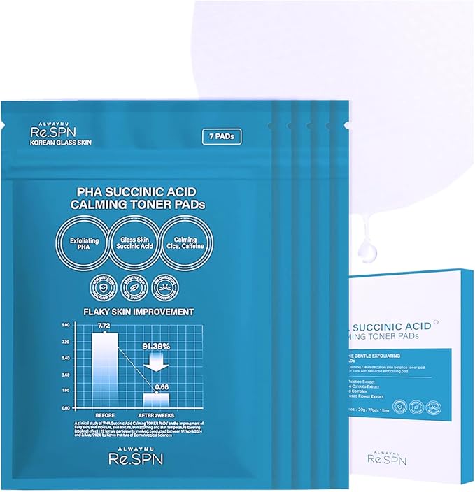 Re.SPN PHA Succinic Acid Calming Toner Pads – Daily Exfoliating, Hydrating and Soothing with CICA, Caffeine, Non-comedogenic, Vegan, Glass Skin, K-Beauty (35 Count)