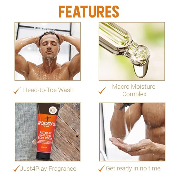 Woody's Just4Play Hair and Body Wash for Men - Sulfate-Free, Deep Cleansing, Hydrating, Fresh Scent, All-in-One Shower Gel, 8 fl oz