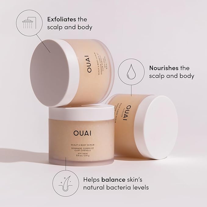 OUAI Scalp & Body Scrub, Melrose Place - Exfoliating Body Scrub with Sugar & Coconut Oil Blend for Smooth, Moisturized Skin - Gentle Scalp Exfoliator for Removing Product Build Up (8.8 Oz)