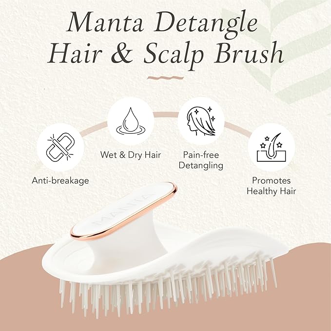 Manta Original Anti-Breakage Hairbrush – Gentle Detangling Brush for Wet & Dry Hair, Flexible Hairbrush for All Types, Healthy Hair Care for Women & Men, White