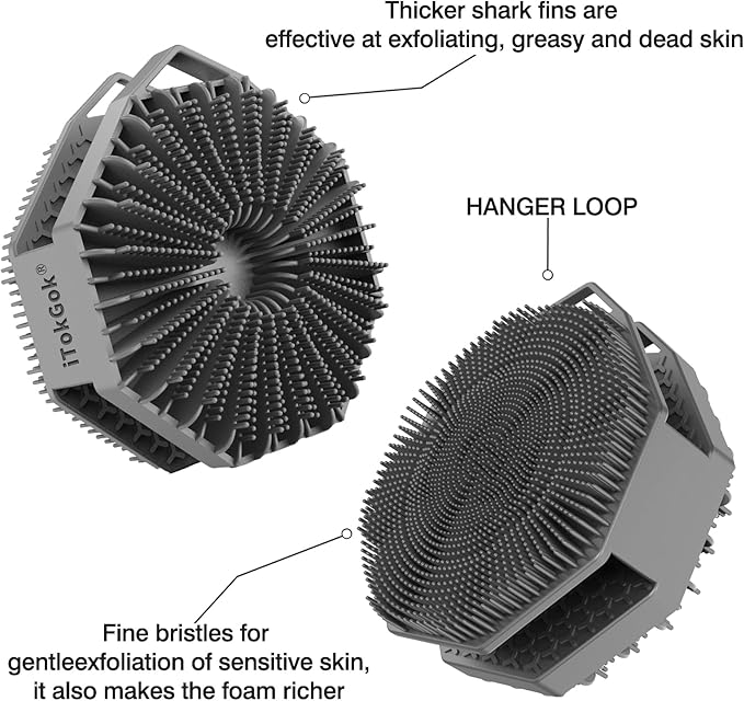 iTokGoK® Premium Silver-Infused 2-in-1 Silicone Body Scrubber, Double-Sided Design Body Brush Body Scrubber Exfoliating Body Brushes forSensitive Skin for Showering, Silicone Loofah - Gray