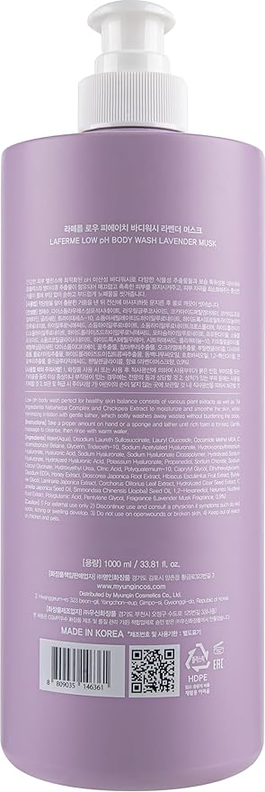 laferme Low pH balanced Gentle Korean Body Wash with Natural & Organic Ingredients, Hypoallergenic for Sensitive Skin, Moisturizing & Hydrating for Dry Skin, For Women & Men, 33 Fl Oz, Lavender Musk