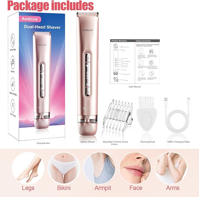 Bikini Trimmer for Women 2 in 1, Dual Head Womens Electric Shaver, Electric Razors for Pubic Hair, IPX7 Waterproof Rechargeable Facial Hair Removal for Shaving Underarm Leg Arm Body Face, Rose Gold