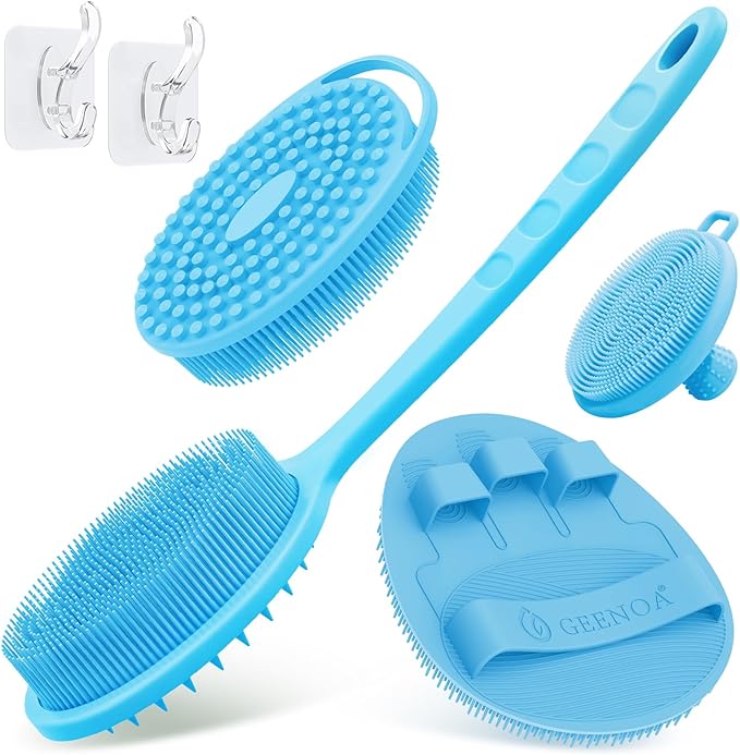 Silicone Back/Body/Face Scrubber & Soft Bath Glove Set 4PCS, Gentle Exfoliating Back & Body Scrubber with Dual-Side Brush Head, Hand-fit Bath Glove & Face Scrubber for Deep Cleaning(Blue-4PC)