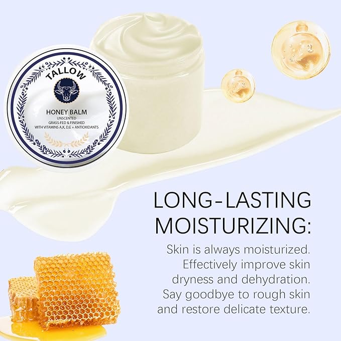 Grass Fed Honey & Tallow Balm -Beef Tallow Beeswax and Honey Moisturizer, Organic Beef Tallow Moisturizer for Face & Body Lotion Skin Care for Sensitive Skin