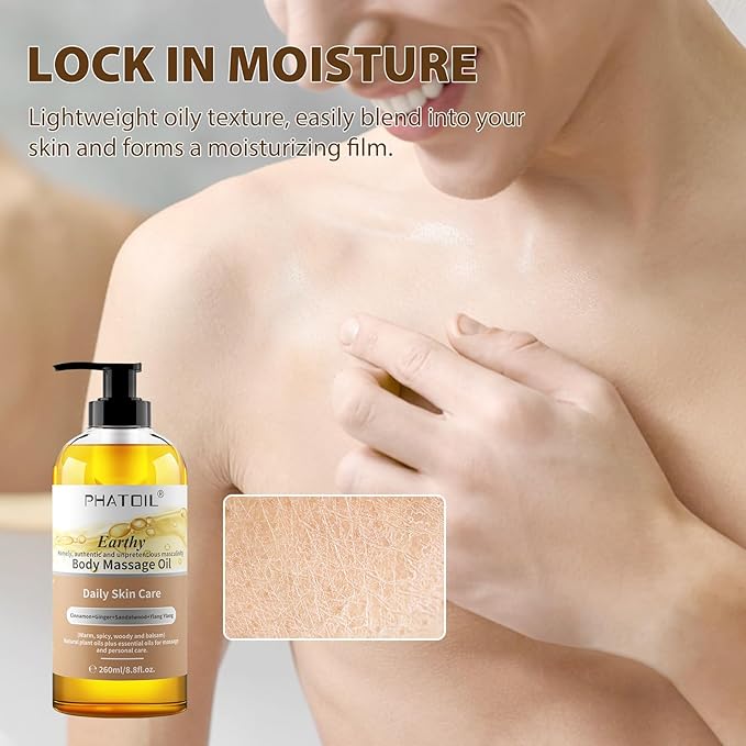 Sandalwood Body Oil for Men with Ginger, YlangYlang, Cinnamon, 260ml Large Bottle Body Oil for Skin, 8.8 fl.oz Premium Moisturizer Oil for After Shower, Great for Skin and Body Care