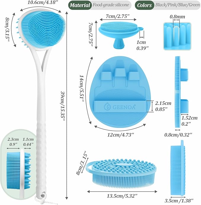 Silicone Back Body Face Scrubbers Set 4PCS, 15.35’’ Back Scrubber Soft Body Scrubber for Dual-Side Usage, Easy-to-Hold Soft Bath Glove & Face Scrubber for Good Foaming Deep Cleaning(Blue)