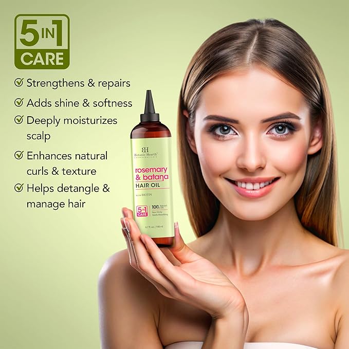 Botanic Hearth Rosemary & Batana Hair Oil with Biotin | 100% Natural Oils | Non-Sticky, Fast Absorbing | Promotes Hair Growth, Nourishment & Shine | 5-in-1 Hair Care | 6.7 fl oz Set of 2 - Hair Tonic