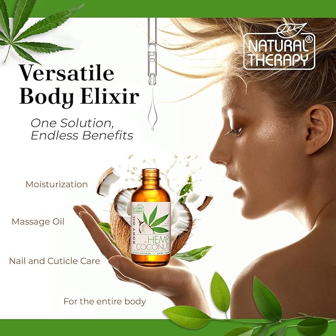 Natural Therapy Hemp & Coconut Body Oil – Moisturizing Body Oil – Hydrate & Soften Skin – Increase Skin Elasticity and Provide Anti-Aging Support (4 Fl.Oz)