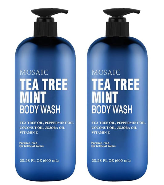 Tea Tree Body Wash with Mint & Shower Gel with Vitamin E for Jock Itch, Eczema, Ringworm, Body Odor, Body Wash Women & Men with Added Body Oils,LARGE 20.2 FL Oz Bottle (Tea Tree Mint, Pack of 2)