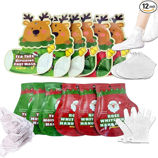 Foot Mask Hand Mask Hydrating Moisturizing 12 Packs Gloves & Socks Intensive Repairing Masks Peeling Mask for Women Dry Cracked Set Coconut Oil Tea Tree Extract Elitzia ETXJ2409