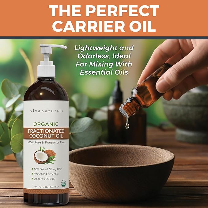 Viva Naturals Organic Fractionated Coconut Oil - Skin & Hair Moisturizer, Relaxing Massage and Body Oil, Carrier Oil for Essential Oils Mixing, Pure Non-Greasy Coconut Oil for Skin and Hair, 16 fl oz