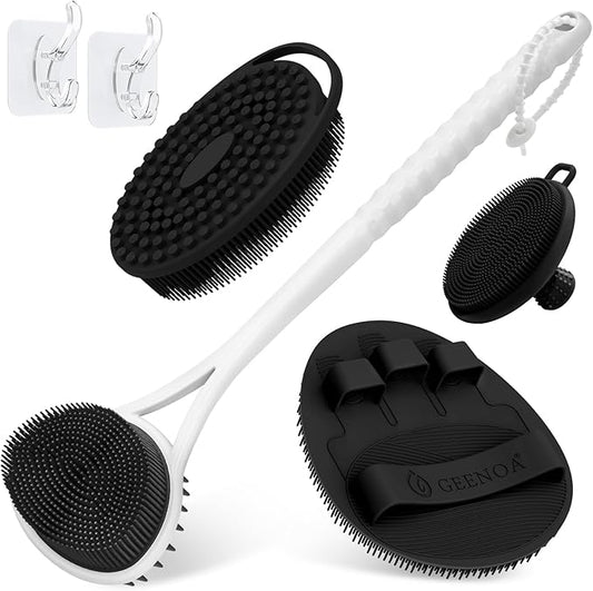 Silicone Back Body Face Scrubbers Set 4PCS, 15.35’’ Back Scrubber Soft Body Scrubber for Dual-Side Usage, Easy-to-Hold Soft Bath Glove & Face Scrubber for Good Foaming Deep Cleaning(Black)