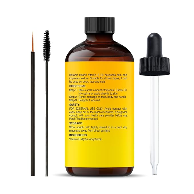 Botanic Hearth Vitamin E (Styling Oil, Glass Bottle 2 Fl Oz) | 100% Pure & Natural | 35,000 Iu | For Growth Of Nails, Hair, Eyebrows & Eyelashes | Includes Brush Set | Hair & Body Oil
