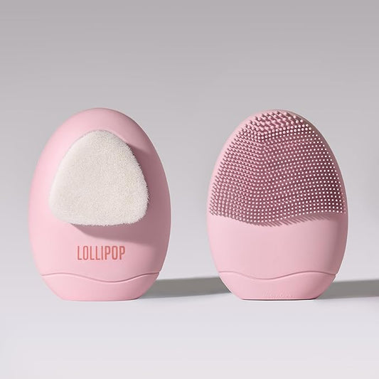 LOLLIPOP Dual-Sided Facial Cleansing Brush | Palm Size Silicone Face Exfoliator and Soft Fiber Cleanser | Manual Face Scrubber for Pores, Makeup Removal, Blackhead and Skincare Routine, Bubblegum