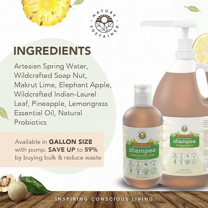 Organic Shampoo - Raw & Wildcrafted with Probiotics, Hypoallergenic Natural & Sulfate Free Shampoo for Sensitive Scalp, Dry Hair, Dandruff, Gallon, Lemongrass