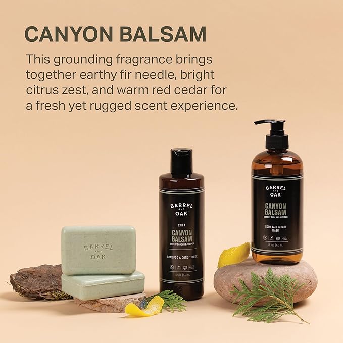 Barrel and Oak - All-In-One Body Wash, Men's Body Wash, Men's Soap for Hair, Face, & Body, Essential Oil-Based, Fir needle, Citrus Zest & Red Cedar Blend (Canyon Balsam, 16 oz)