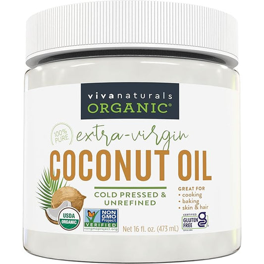 Viva Naturals Organic Coconut Oil - Unrefined, Cold-Pressed Extra Virgin Coconut Oil, USDA Organic and Non-GMO Cooking Oil, Great as Hair Oil and Skin Oil, 16 Fl Oz