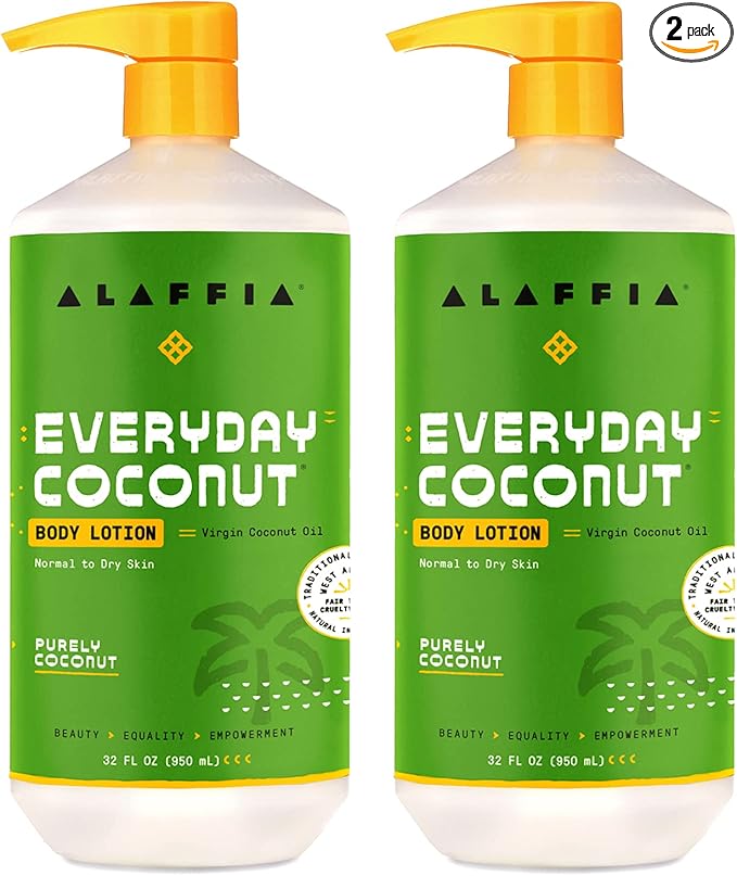 Alaffia Everyday Coconut Hydrating Body Lotion, Normal to Dry Skin, Moisturizing Coconut Oil is Support for Soft & Supple Skin, Purely Coconut, 2 Pack - 32 Fl Oz Ea