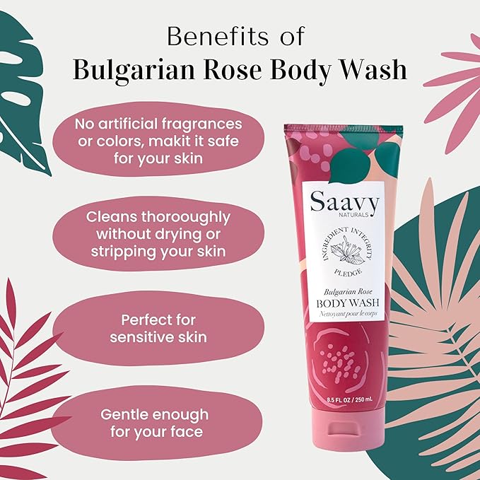 Saavy Naturals Bulgarian Rose Body Wash, Moisturizing Shower Gel for Men & Women, Vegan Formula with Coconut Oil, Shea Butter, and Aloe Vera - 8.5 Fl Oz, 2 Pack Made in the USA