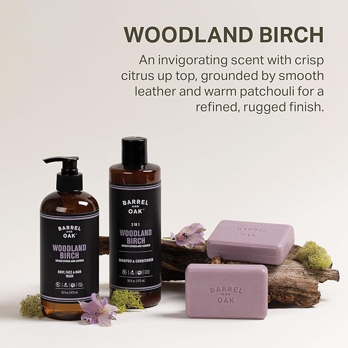 Barrel and Oak - All-In-One Body Wash, Men's Body Wash, Men's Soap for Hair, Face, & Body, Refreshing & Balanced Cleanser, Essential Oil-Based Scent, Vegan (Woodland Birch, 16 oz)