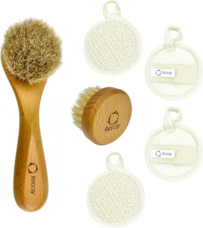 Face Dry Brush for Lymphatic Drainage Set,Exfoliating Face Brush+Face Scrubber for Women+4pcs Organic Facial Exfoliating Pads Reusable.Wooden Small Soft Bristle Facial Brushes for Cleaning.