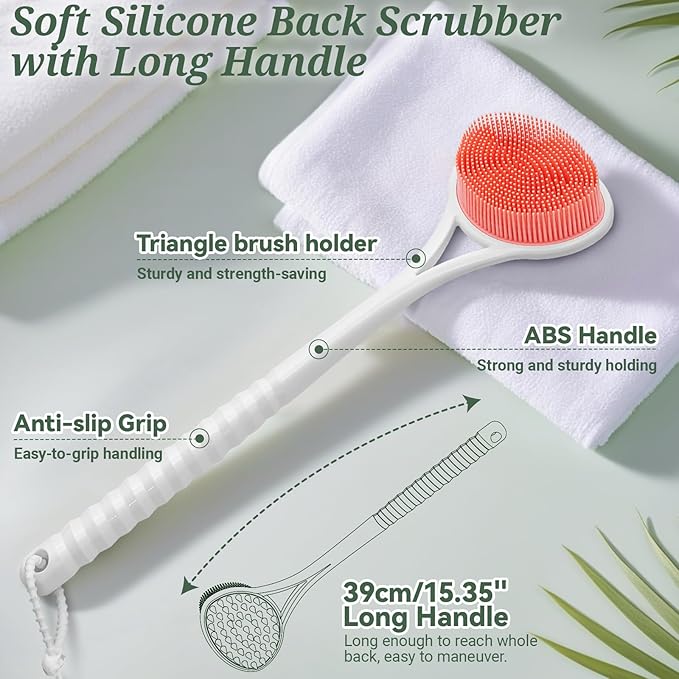 Silicone Back & Body & Face Scrubbers Set 4PCS, 15.35’’ Soft Back Scrubber for Dual-Side Usage, Easy-to-Hold Bath Glove Body Scrubber Face Scrubber for Good Foaming & Deep Cleaning(Pink)