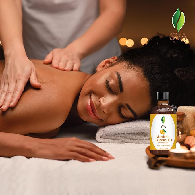 SVA Mandarin Essential Oil – 4 Fl Oz – 100% Natural Mandarin Oil - for Diffuser, Hair Care, Face, Skin Care, Aromatherapy, Scalp and Body Massage, Soap and Candle Making – with Dropper