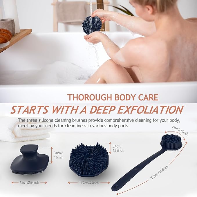 3 PCS Silicone Bath Brush Set,Back Scrubber & Body Brush & Face Brush Set, Super-Exfoliating & Lathering Body Scrubber, Shower Brush, Face Scrubber Combination for HomeBathroom Hotel Travel.(Blue)