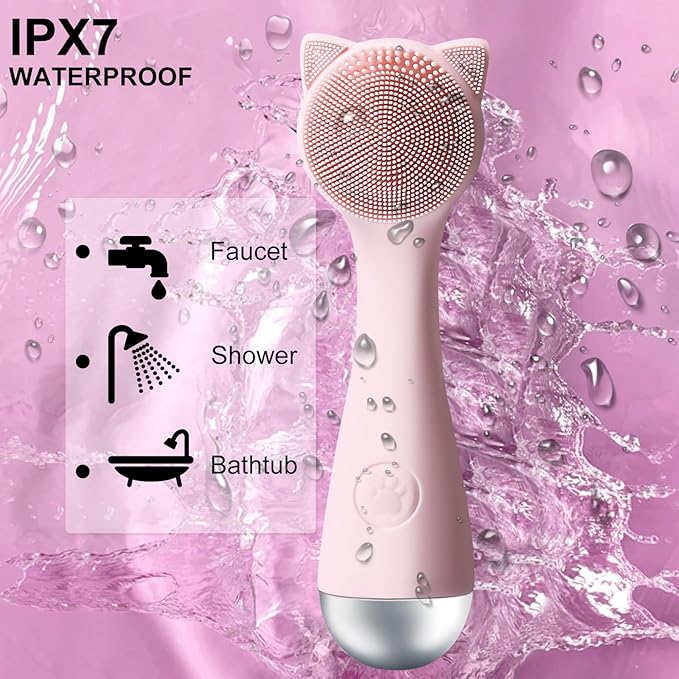 Facial Cleansing Brush, Silicone Face Scrubber Exfoliator for Men & Women, Electric Face Brush Waterproof, with 3 Speeds Adjustable for Deep Cleaning, Removing Blackhead, Face Massaging (Pink)