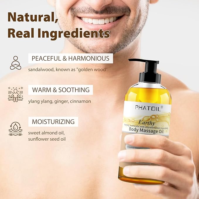 Sandalwood Body Oil for Men with Ginger, YlangYlang, Cinnamon, 260ml Large Bottle Body Oil for Skin, 8.8 fl.oz Premium Moisturizer Oil for After Shower, Great for Skin and Body Care